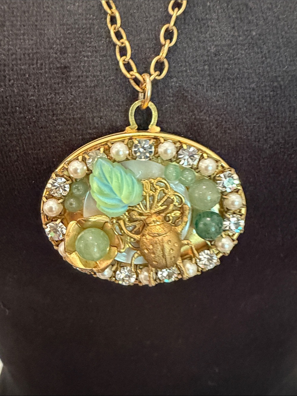 Gold-Tone Pendant Necklace with Green Enamel Floral Accent - Picture 2 of 4